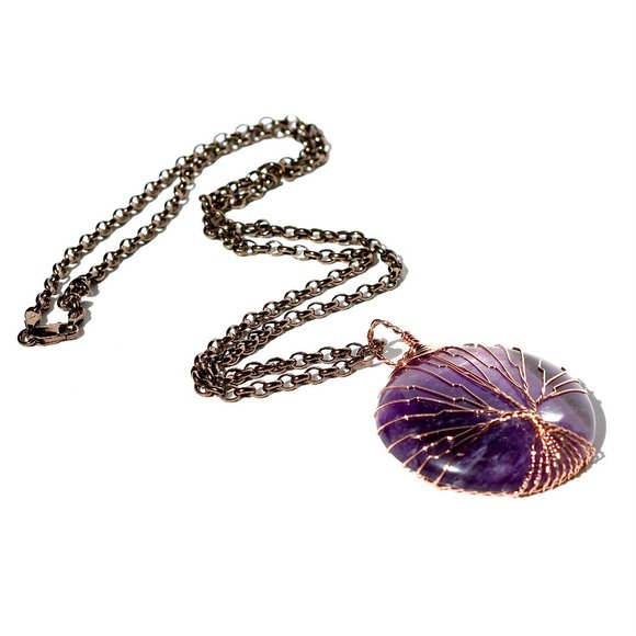 925 Silver Italian Large Amethyst Tree Of Life 20" Necklace - Picture 5 of 8